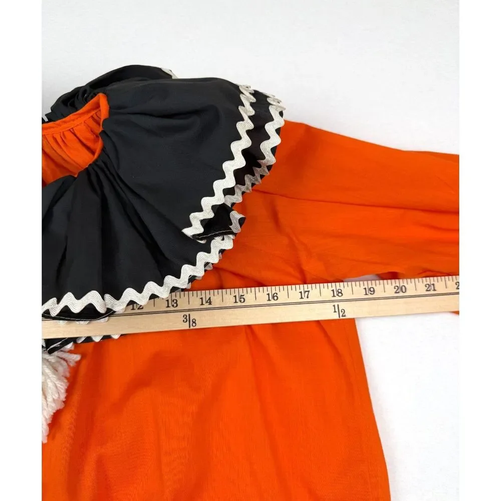 Vtg 70s 80s Handmade Clown Costume Halloween Jumpsuit Bats Orange Pom Pom Ruffle